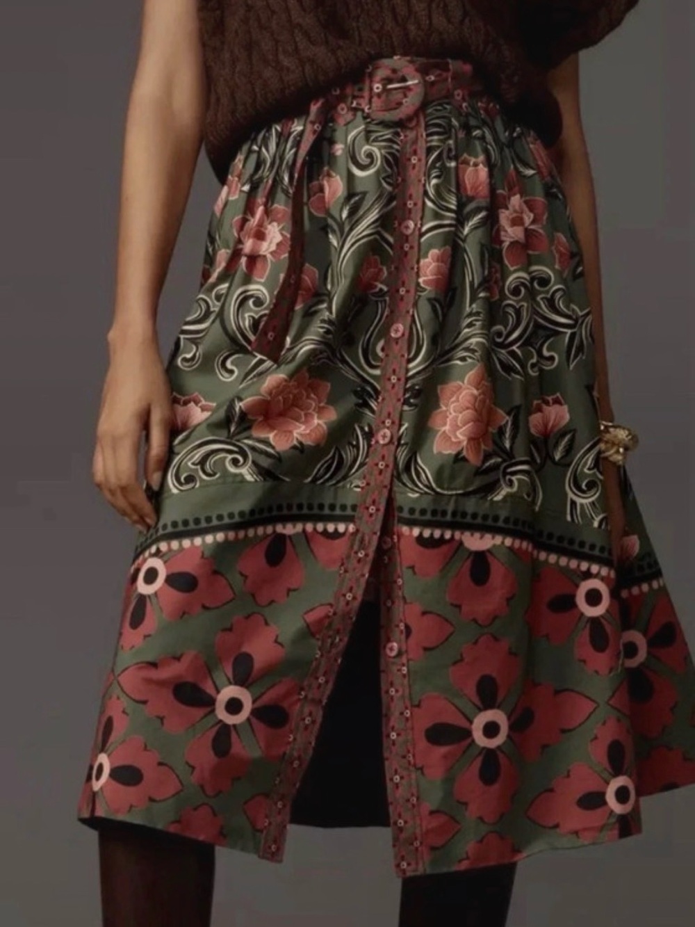 Farm Rio Floral Midi Skirt with Belt